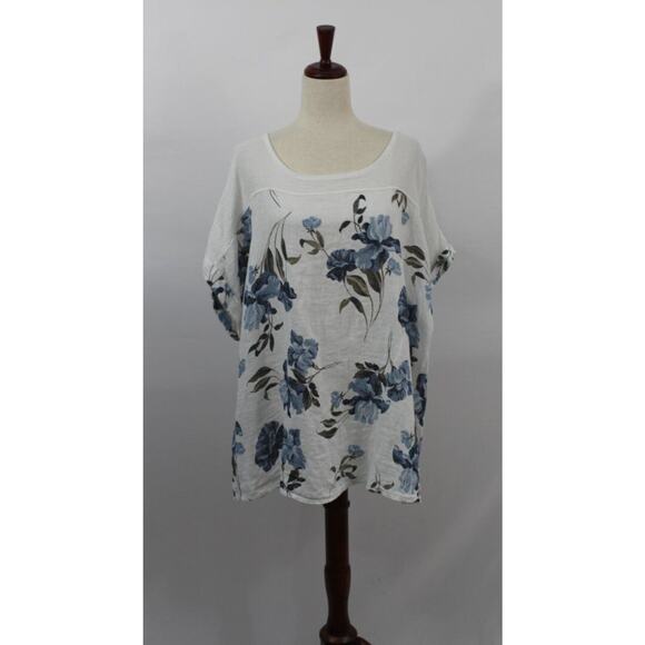 LUNGO L'ARNO Sz 3x Blue White Floral Linen Top Blouse NWT Made in Italy - Picture 1 of 9